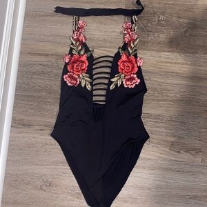 Floral Embroidered Black One Piece